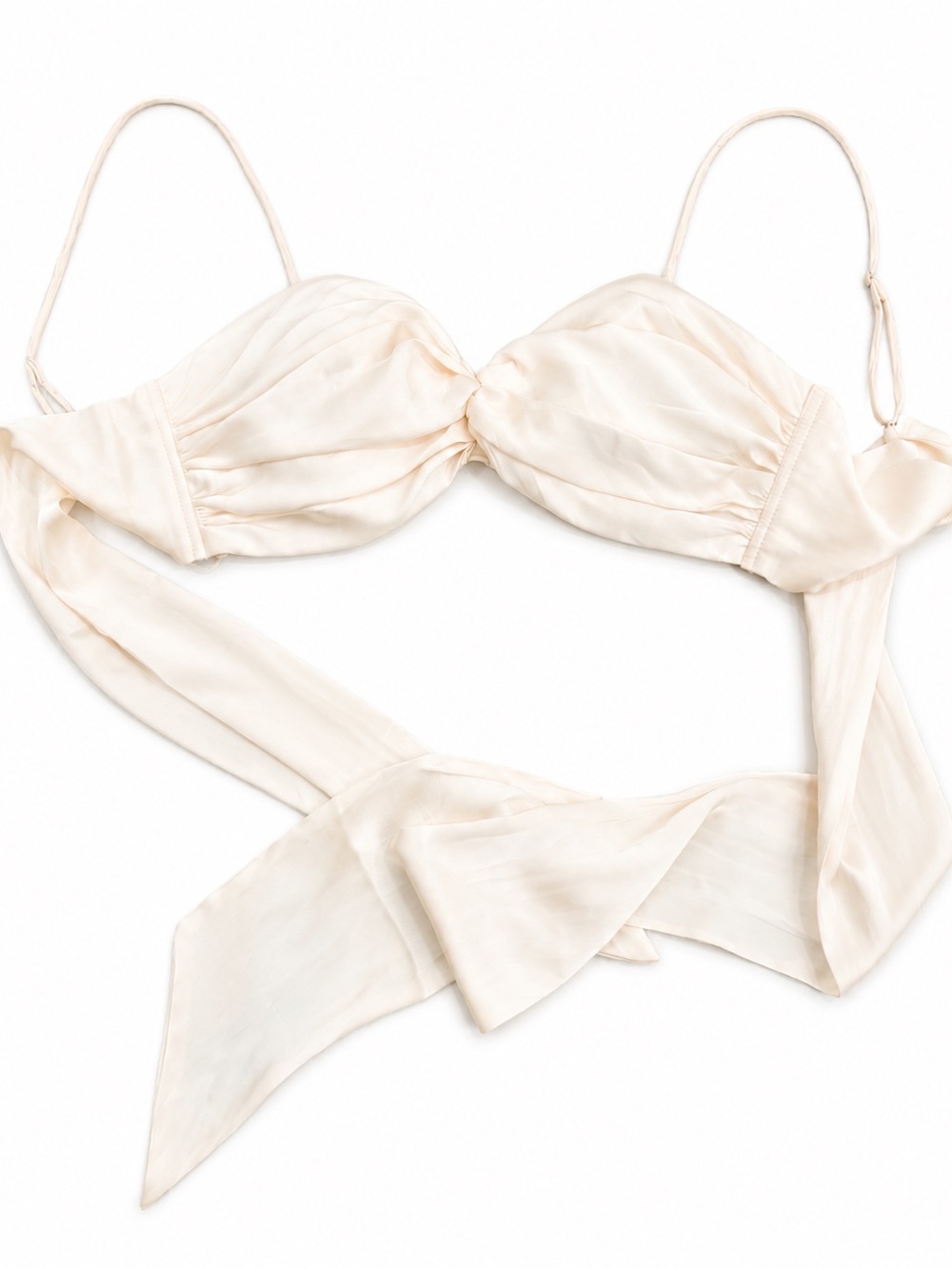 Satin Tie Back Crop Top Ivory | Ruched Strappy Bandeaux Top